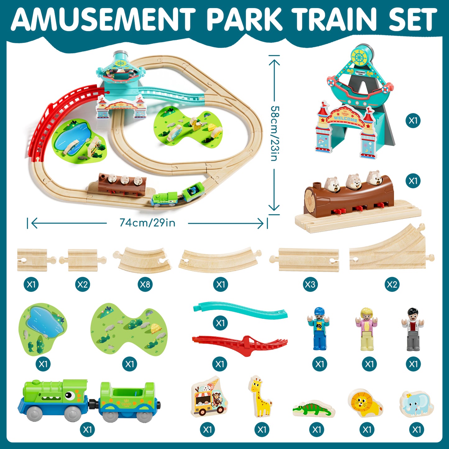 Train Set, Wooden Train Set for Kids, Train Toys for Toddlers, Wooden Train Tracks for Kids 2 3 4 5+ Years Old, Amusement Park Theme B, Great Gift for Boys Girls - Compatible with Other Brands