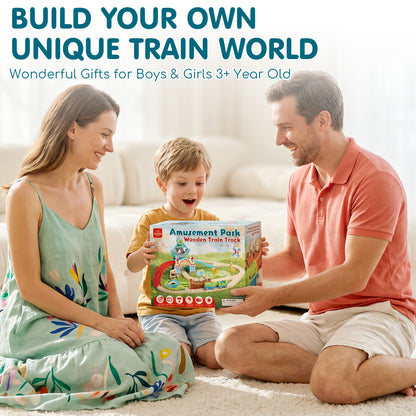 Train Set, Wooden Train Set for Kids, Train Toys for Toddlers, Wooden Train Tracks for Kids 2 3 4 5+ Years Old, Amusement Park Theme B, Great Gift for Boys Girls - Compatible with Other Brands