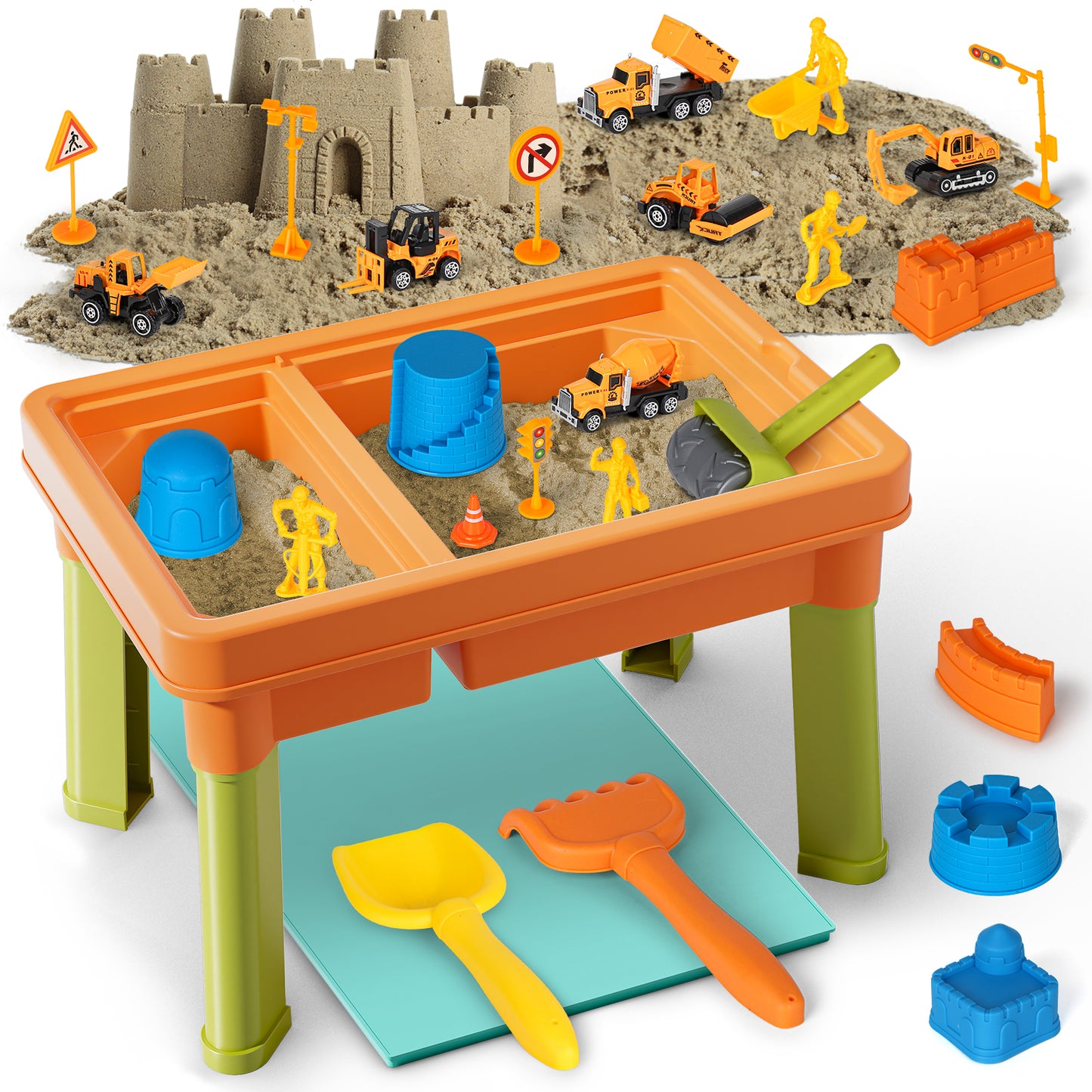 Sand Table for Kids, Sensory Table with Sand, Sensory Bin with Lid & 2.6lbs Play Sand, 6 Construction Vehicles & Sand Toys, Sensory Toys Gifts for Toddler Boys Girls