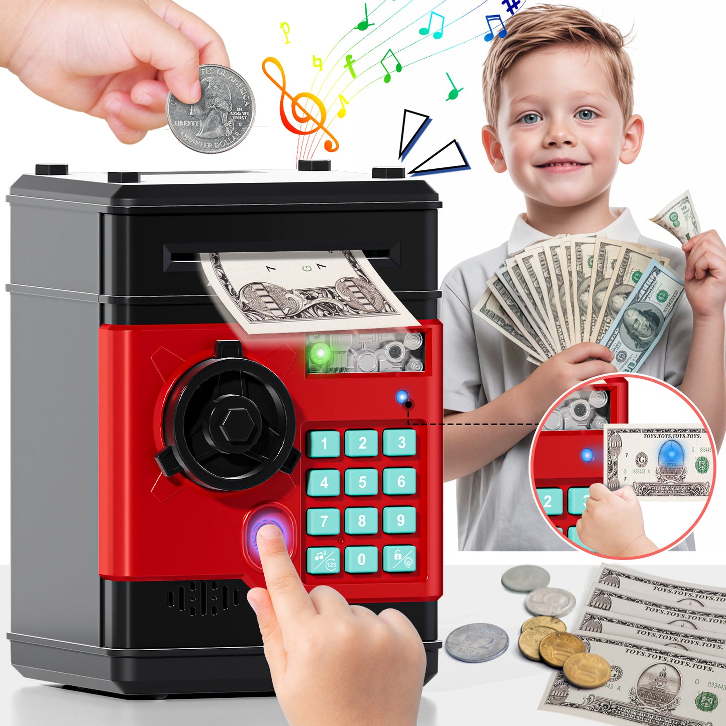 Piggy Banks for Kids, Money Bank with Fingerprint Recognition, Electronic Password Cash Coin Can ATM Bank with Auto Grab Bill Slot, Money Coin Saving Box for Kids, Perfect Gifts for Boys Girls