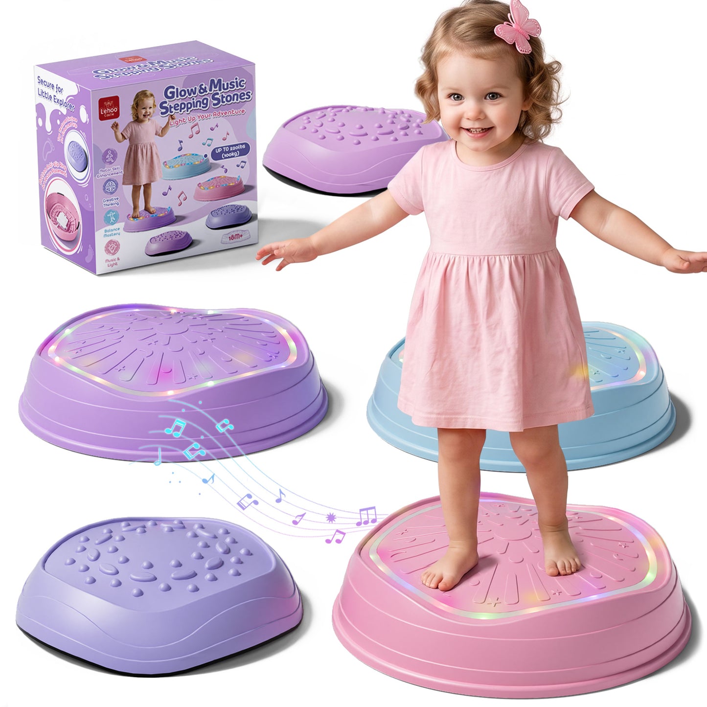 Stepping Stones for Kids, Upgraded Toddler Stepping Stones with Lights & Sounds, 5 Pcs Non-Slip Balance Stepping Stones, Up to 220 lbs, Coordination Skills Sensory Toys for Ages 2 3 4 5 6+ Girls