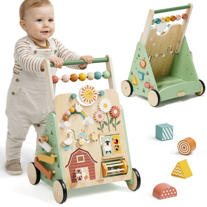 Baby Push Walker, Wooden Baby Walking Toys for 1 Year Old, Adjustable Speed Walker for Baby Boy Girls, Farm Theme Toddler Walker, Montessori Walker Toy, Sit to Stand Walker with Baby Activity Center