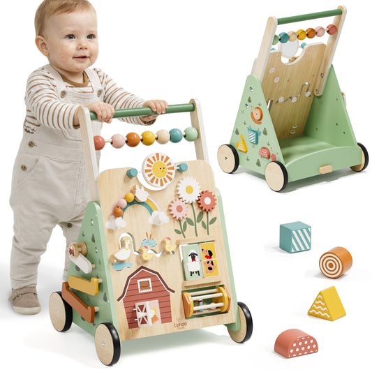 Baby Push Walker, Wooden Baby Walking Toys for 1 Year Old, Adjustable Speed Walker for Baby Boy Girls, Farm Theme Toddler Walker, Montessori Walker Toy, Sit to Stand Walker with Baby Activity Center