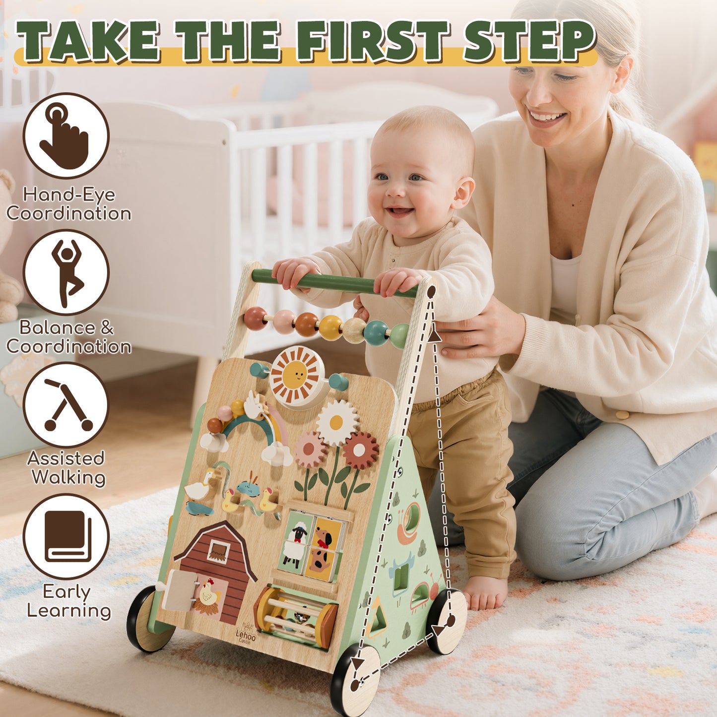Baby Push Walker, Wooden Baby Walking Toys for 1 Year Old, Adjustable Speed Walker for Baby Boy Girls, Farm Theme Toddler Walker, Montessori Walker Toy, Sit to Stand Walker with Baby Activity Center