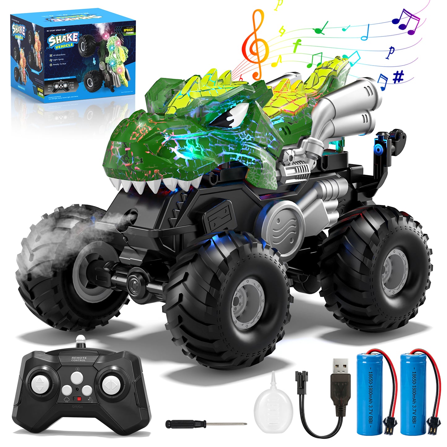 Dinosaur Remote Control Cars for Toddlers, Remote Control Monster Truck for Boys, Lighting Rc Stunt Car Dinosaur Toys Cars with LED Lights & Spray for Kids Age 4 5 6 7 8 9 10 11 12
