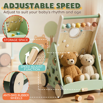 Baby Push Walker, Wooden Baby Walking Toys for 1 Year Old, Adjustable Speed Walker for Baby Boy Girls, Farm Theme Toddler Walker, Montessori Walker Toy, Sit to Stand Walker with Baby Activity Center