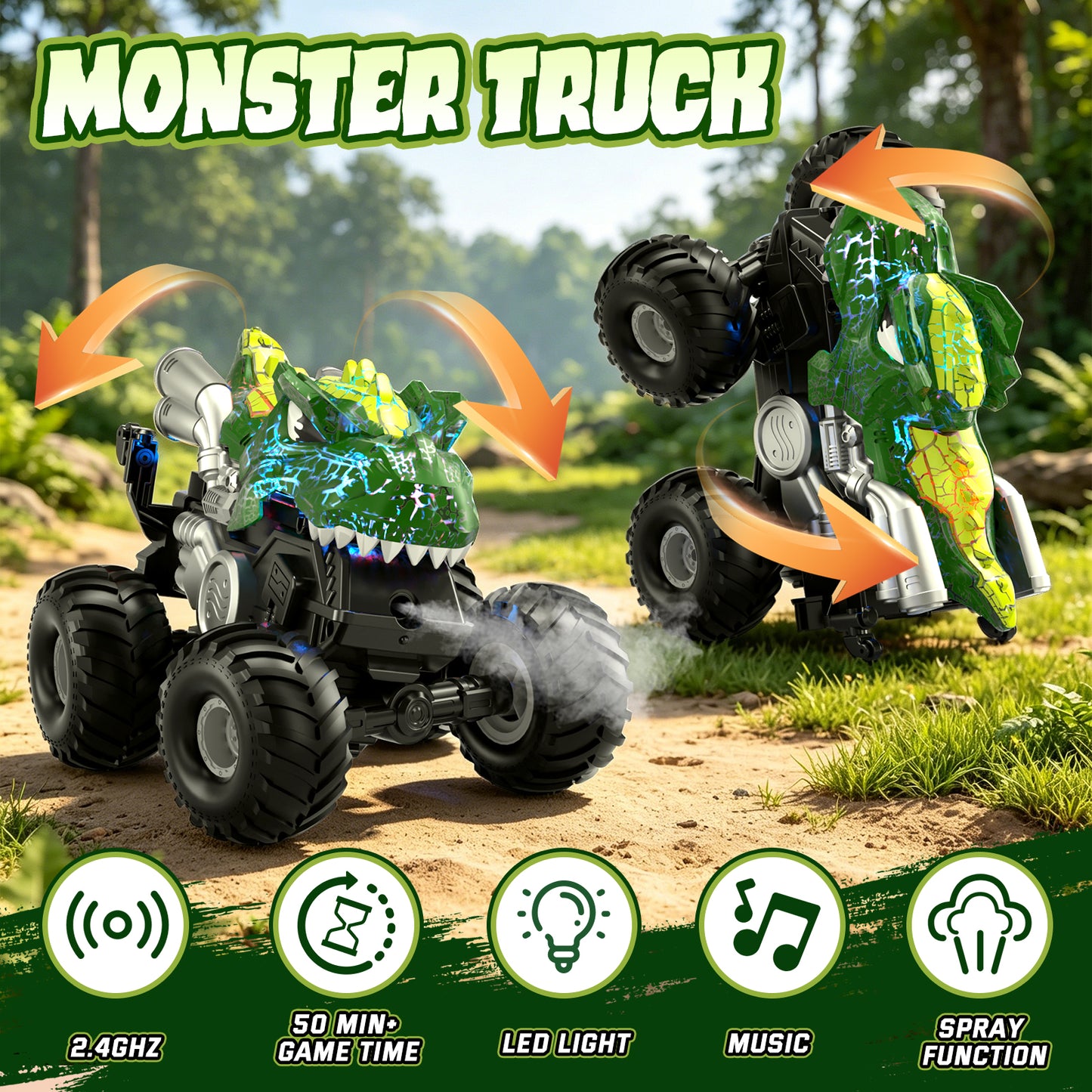 Dinosaur Remote Control Cars for Toddlers, Remote Control Monster Truck for Boys, Lighting Rc Stunt Car Dinosaur Toys Cars with LED Lights & Spray for Kids Age 4 5 6 7 8 9 10 11 12
