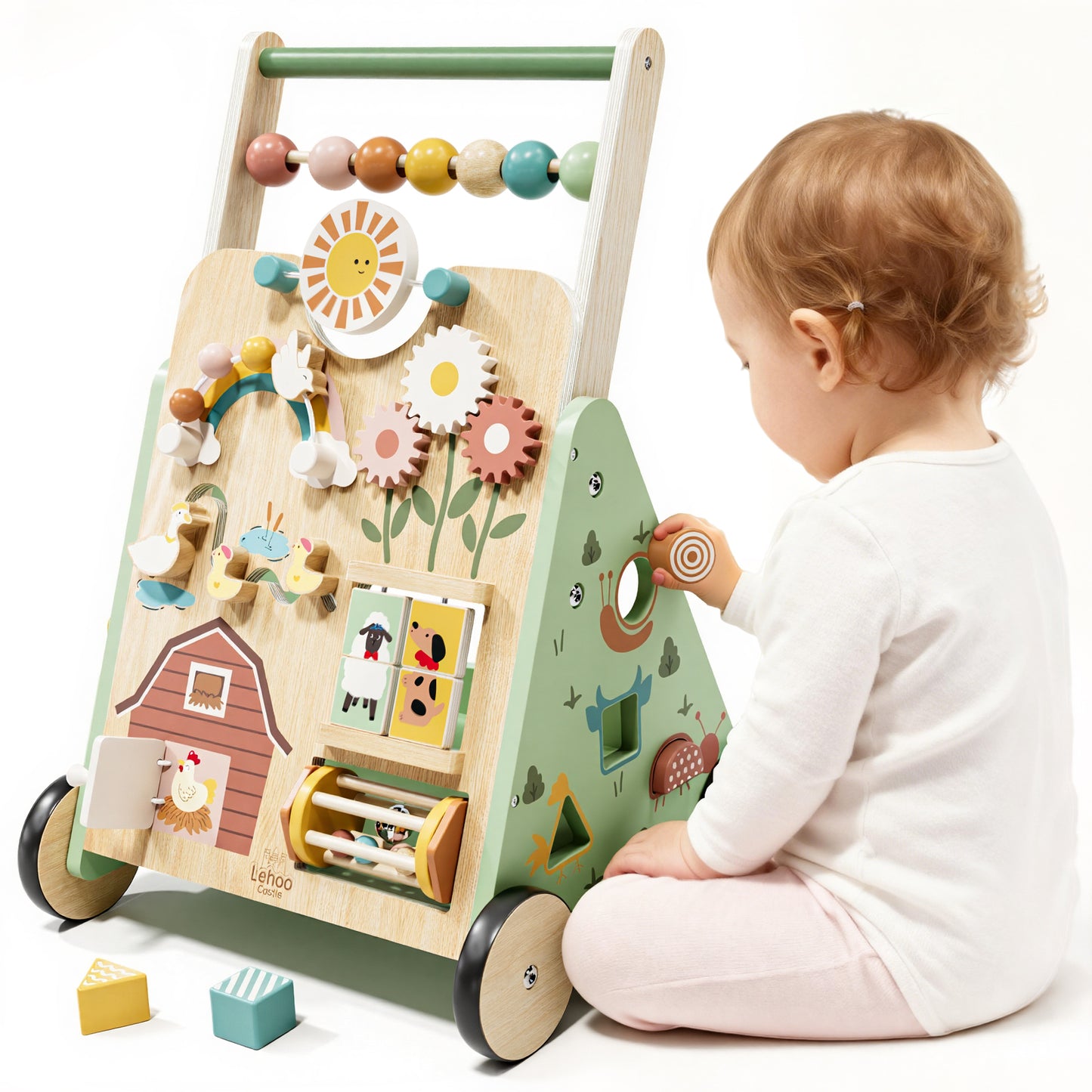 Baby Push Walker, Wooden Baby Walking Toys for 1 Year Old, Adjustable Speed Walker for Baby Boy Girls, Farm Theme Toddler Walker, Montessori Walker Toy, Sit to Stand Walker with Baby Activity Center