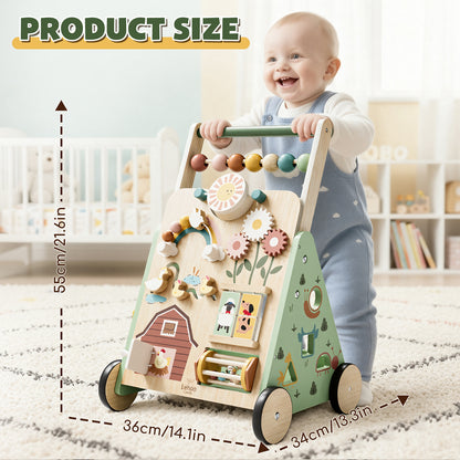Baby Push Walker, Wooden Baby Walking Toys for 1 Year Old, Adjustable Speed Walker for Baby Boy Girls, Farm Theme Toddler Walker, Montessori Walker Toy, Sit to Stand Walker with Baby Activity Center