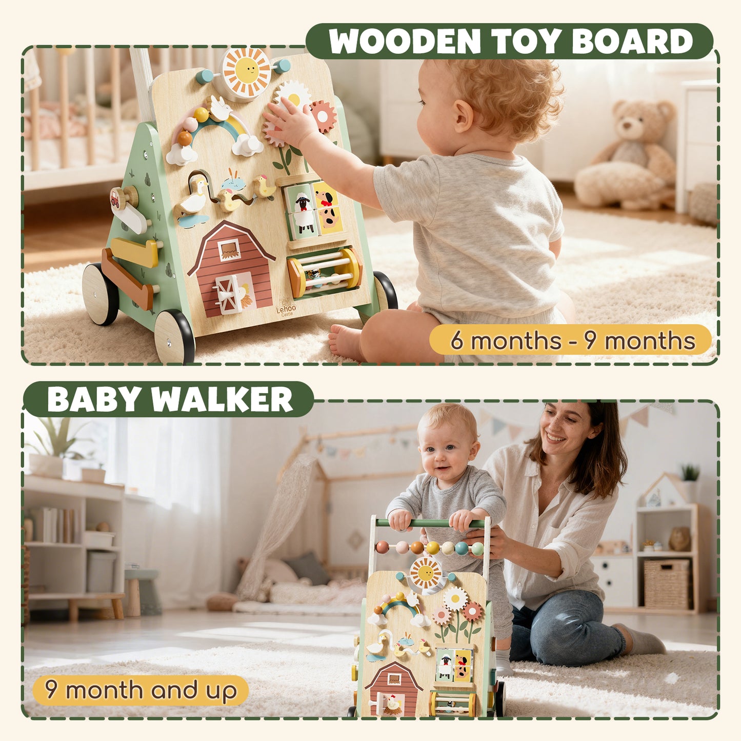 Baby Push Walker, Wooden Baby Walking Toys for 1 Year Old, Adjustable Speed Walker for Baby Boy Girls, Farm Theme Toddler Walker, Montessori Walker Toy, Sit to Stand Walker with Baby Activity Center