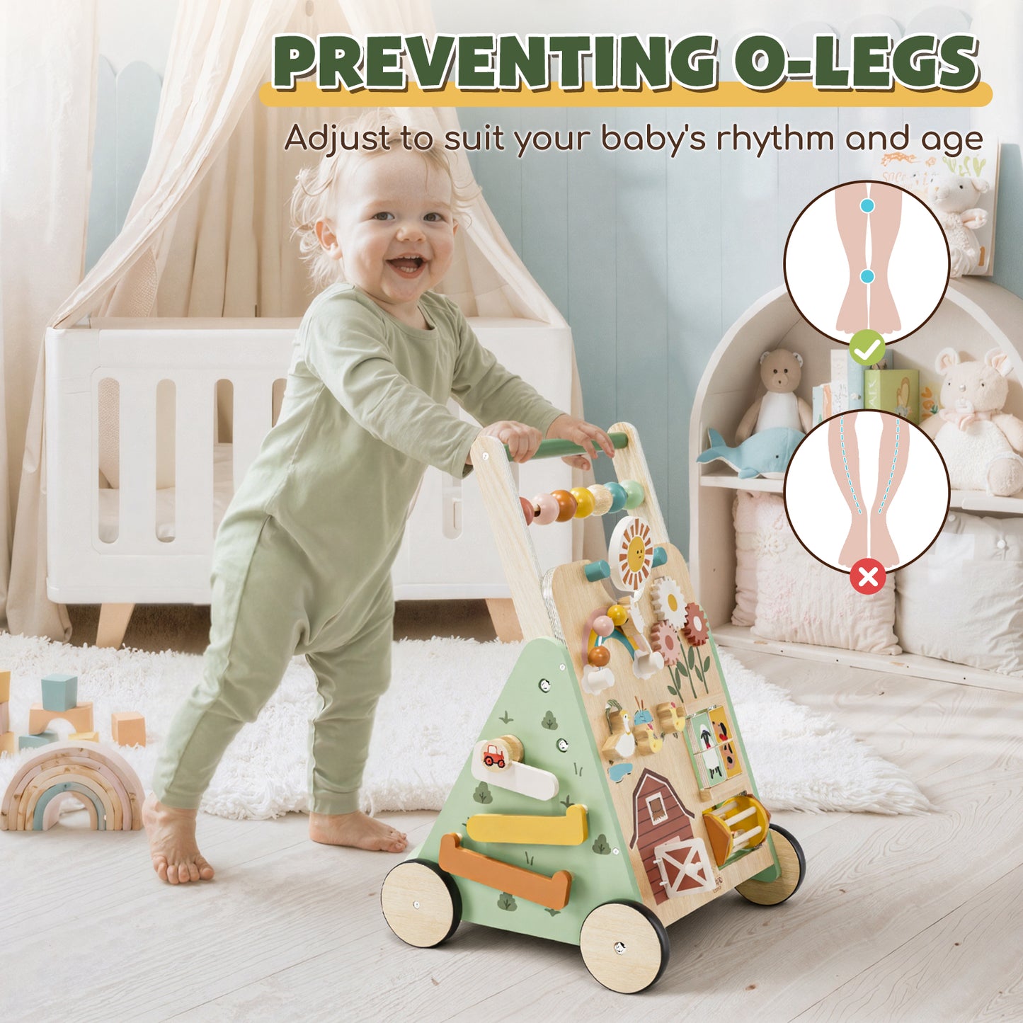 Baby Push Walker, Wooden Baby Walking Toys for 1 Year Old, Adjustable Speed Walker for Baby Boy Girls, Farm Theme Toddler Walker, Montessori Walker Toy, Sit to Stand Walker with Baby Activity Center