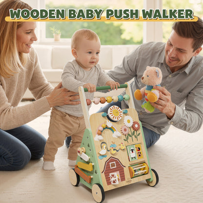 Baby Push Walker, Wooden Baby Walking Toys for 1 Year Old, Adjustable Speed Walker for Baby Boy Girls, Farm Theme Toddler Walker, Montessori Walker Toy, Sit to Stand Walker with Baby Activity Center