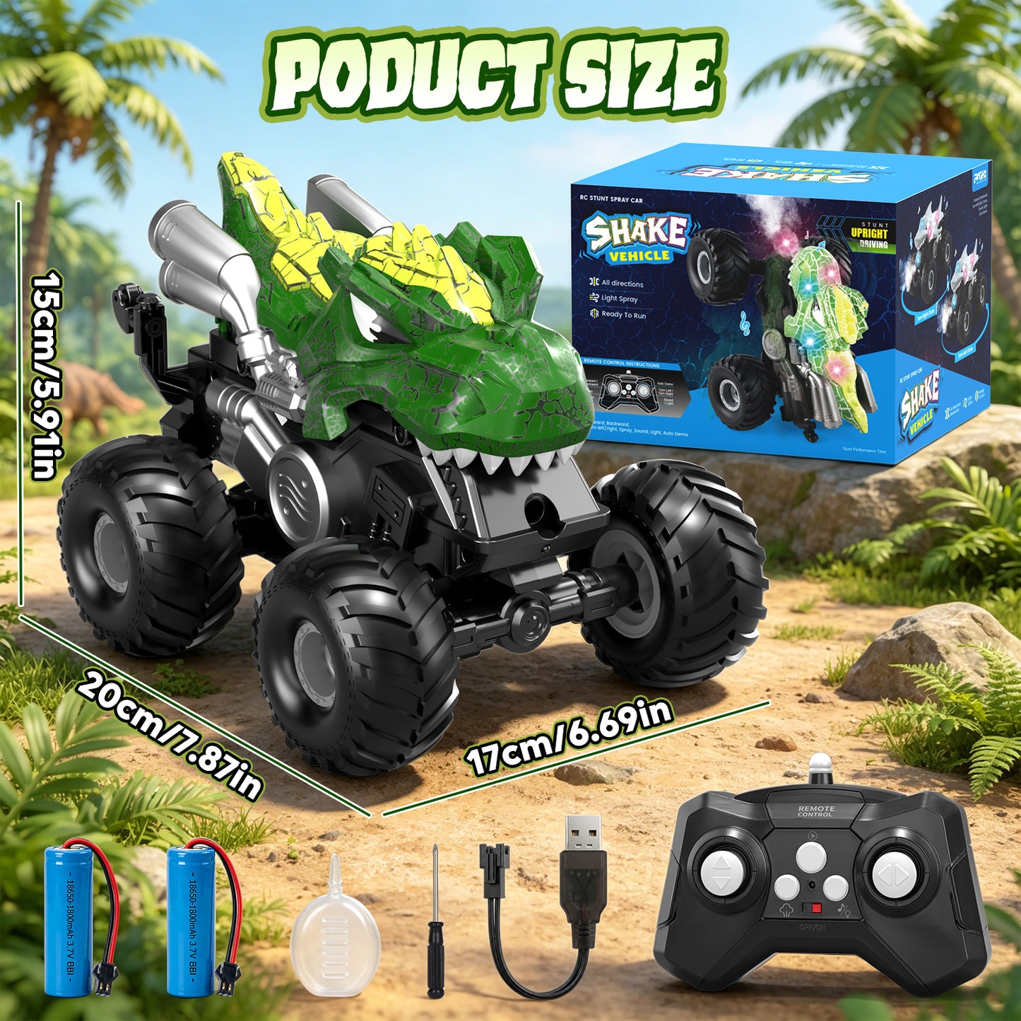 Dinosaur Remote Control Cars for Toddlers, Remote Control Monster Truck for Boys, Lighting Rc Stunt Car Dinosaur Toys Cars with LED Lights & Spray for Kids Age 4 5 6 7 8 9 10 11 12