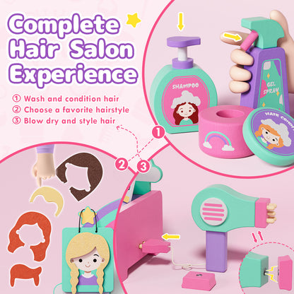 Kids Vanity Sets for Girls, Toddler Vanity Set, 32 PCS Wooden Kids Hair Salon Playset, Hairdressing Pretend Playset, Barber Pretend Hair Styling Set with Apron/Hair Dryer/Hair Accessories for Age 3+