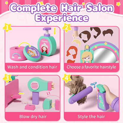 Kids Vanity Sets for Girls, Toddler Vanity Set, 32 PCS Wooden Kids Hair Salon Playset, Hairdressing Pretend Playset, Barber Pretend Hair Styling Set with Apron/Hair Dryer/Hair Accessories for Age 3+