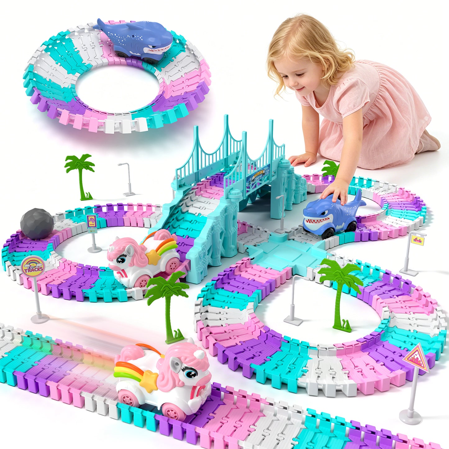 Race Car Track Set, Unicorn Toys for Girls 3-5, 194 PCS Race Track for Girls with 2 Unicorn Cars Toy, Car Race Track for Toddlers 3 4 5 6 Years Old, Mini Monster Truck for Boys Girls Birthday Gifts