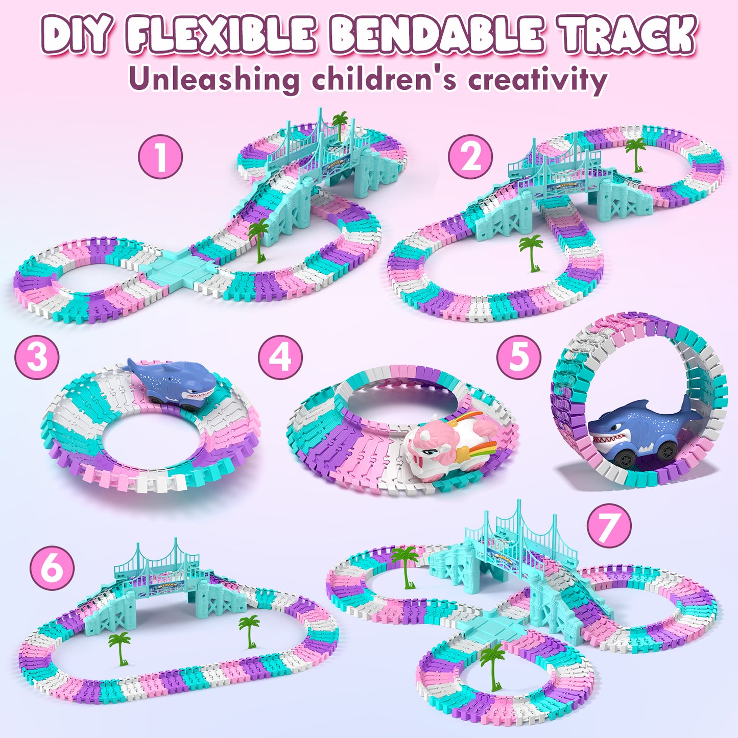 Race Car Track Set, Unicorn Toys for Girls 3-5, 194 PCS Race Track for Girls with 2 Unicorn Cars Toy, Car Race Track for Toddlers 3 4 5 6 Years Old, Mini Monster Truck for Boys Girls Birthday Gifts