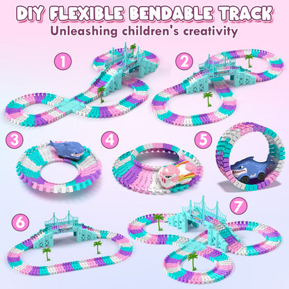Race Car Track Set, Unicorn Toys for Girls 3-5, 194 PCS Race Track for Girls with 2 Unicorn Cars Toy, Car Race Track for Toddlers 3 4 5 6 Years Old, Mini Monster Truck for Boys Girls Birthday Gifts