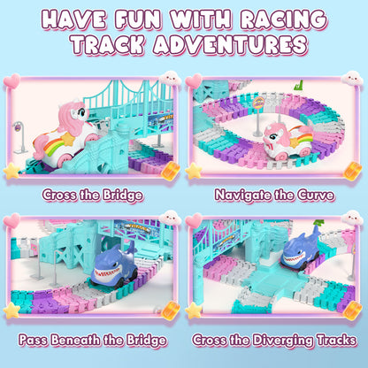 Race Car Track Set, Unicorn Toys for Girls 3-5, 194 PCS Race Track for Girls with 2 Unicorn Cars Toy, Car Race Track for Toddlers 3 4 5 6 Years Old, Mini Monster Truck for Boys Girls Birthday Gifts