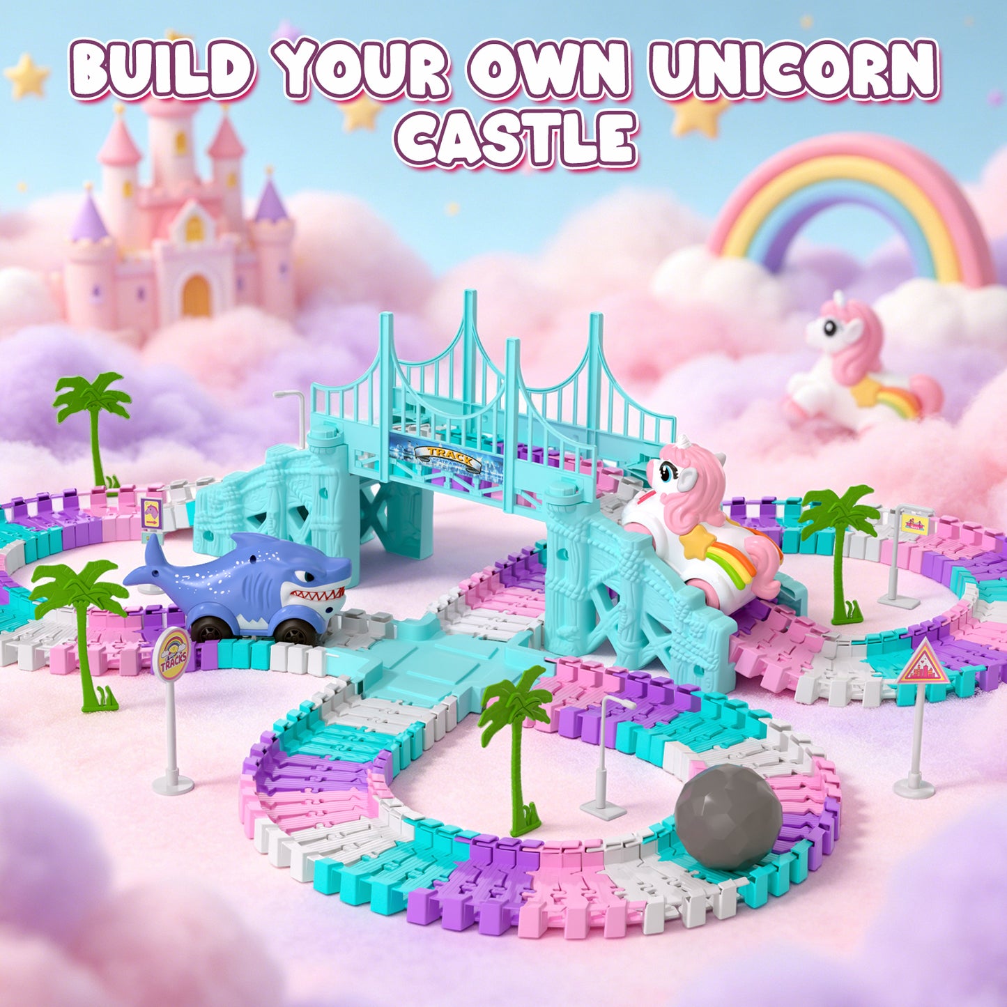 Race Car Track Set, Unicorn Toys for Girls 3-5, 194 PCS Race Track for Girls with 2 Unicorn Cars Toy, Car Race Track for Toddlers 3 4 5 6 Years Old, Mini Monster Truck for Boys Girls Birthday Gifts