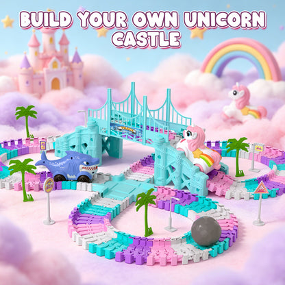 Race Car Track Set, Unicorn Toys for Girls 3-5, 194 PCS Race Track for Girls with 2 Unicorn Cars Toy, Car Race Track for Toddlers 3 4 5 6 Years Old, Mini Monster Truck for Boys Girls Birthday Gifts