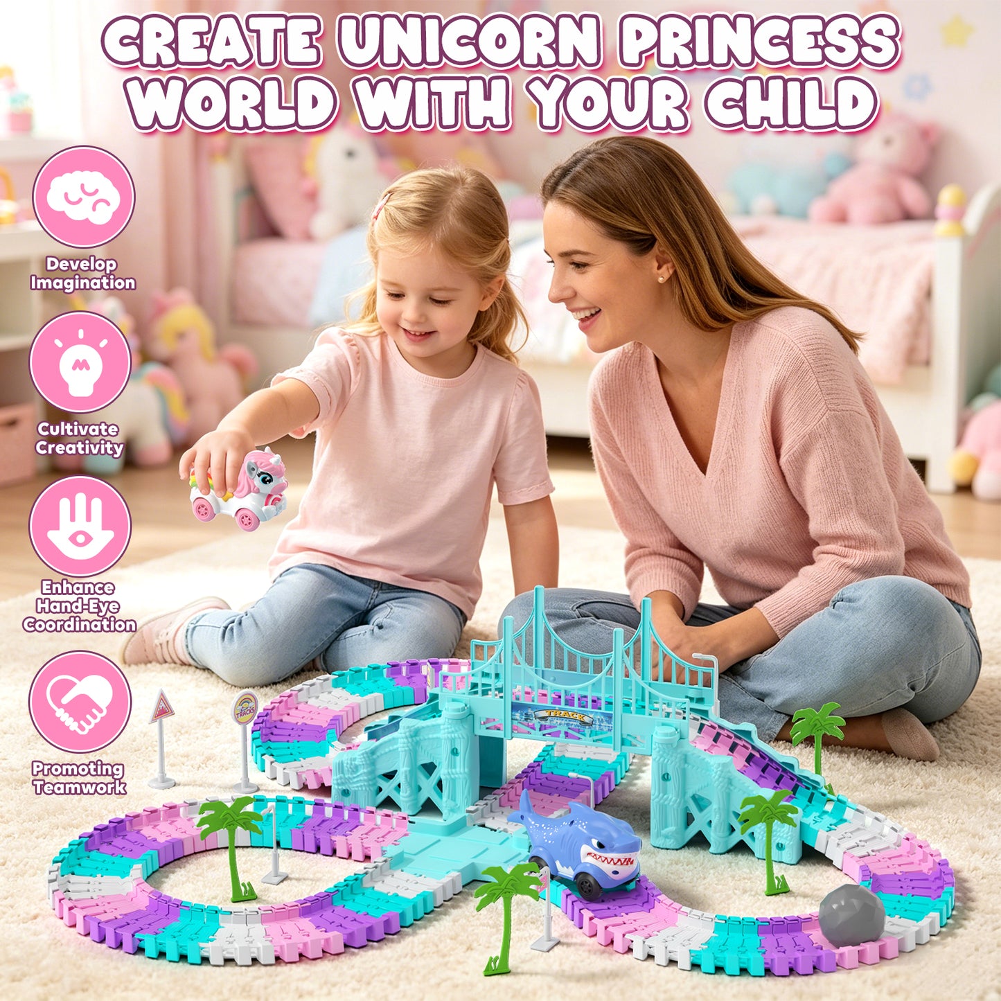 Race Car Track Set, Unicorn Toys for Girls 3-5, 194 PCS Race Track for Girls with 2 Unicorn Cars Toy, Car Race Track for Toddlers 3 4 5 6 Years Old, Mini Monster Truck for Boys Girls Birthday Gifts