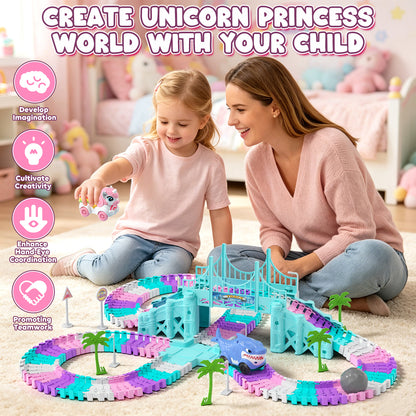 Race Car Track Set, Unicorn Toys for Girls 3-5, 194 PCS Race Track for Girls with 2 Unicorn Cars Toy, Car Race Track for Toddlers 3 4 5 6 Years Old, Mini Monster Truck for Boys Girls Birthday Gifts