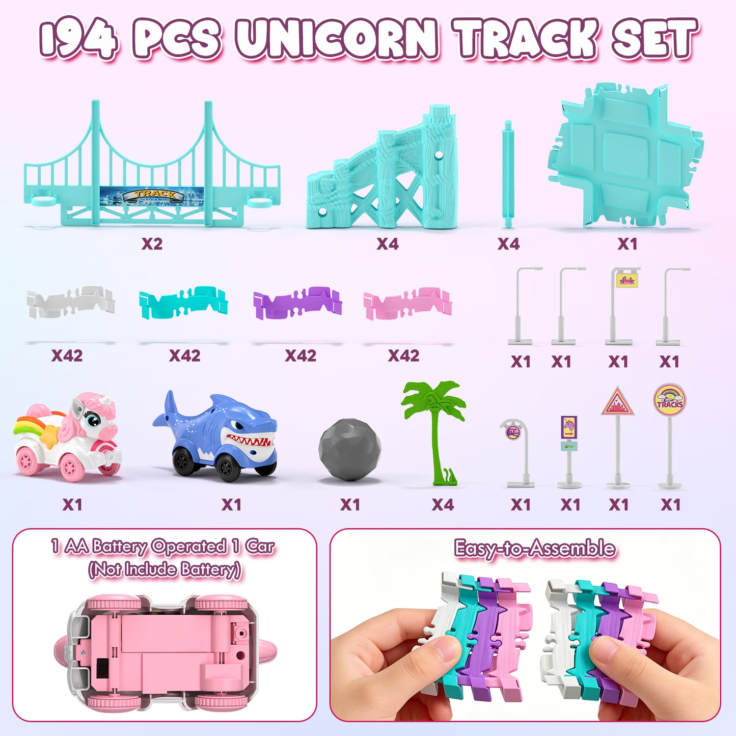 Race Car Track Set, Unicorn Toys for Girls 3-5, 194 PCS Race Track for Girls with 2 Unicorn Cars Toy, Car Race Track for Toddlers 3 4 5 6 Years Old, Mini Monster Truck for Boys Girls Birthday Gifts