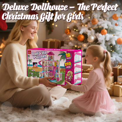 12 Room Doll House - Toys for 3 Year Old Girl Dream Dollhouse Playhouse with LED Lights Furniture and Accessories, Pretend Play kit Doll House for Princess Age 3 4 5 6 7